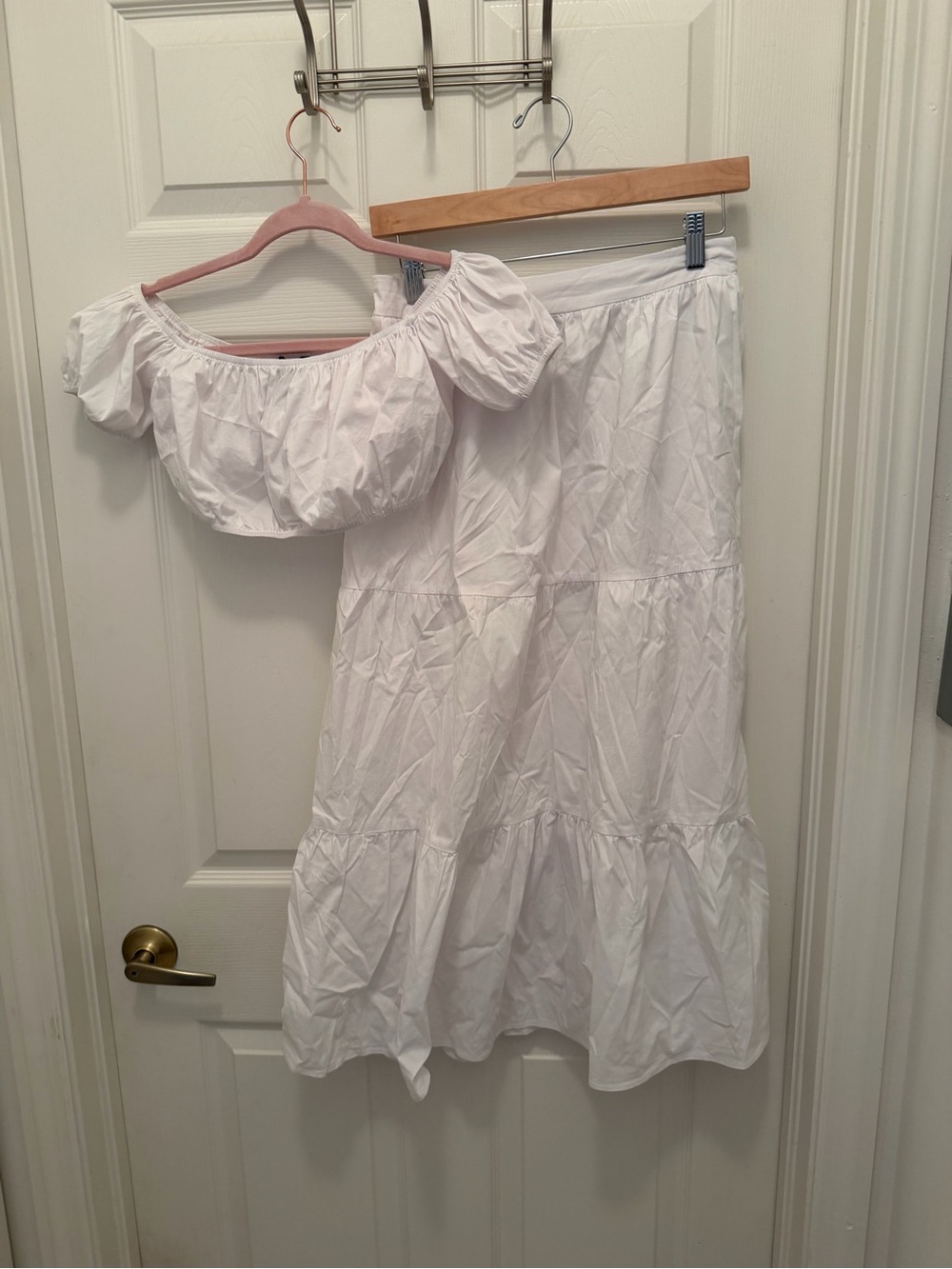 Forever 21 White Two-Piece Peasant Crop Top & Tiered Maxi Skirt Set